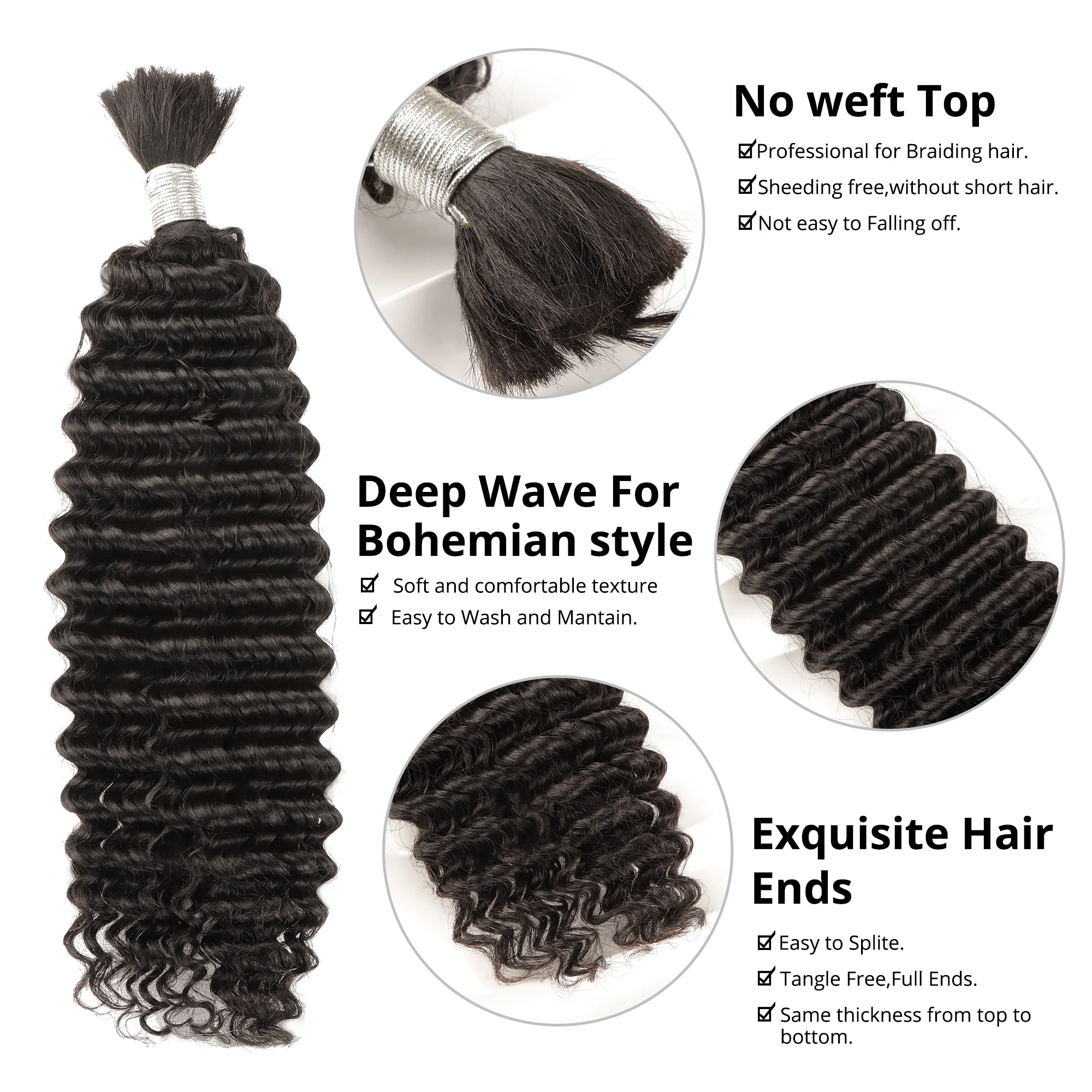 AHVAST deep wave extension braiding hair bundles 100g boho braids hair natural black for braiding virgin hair extension