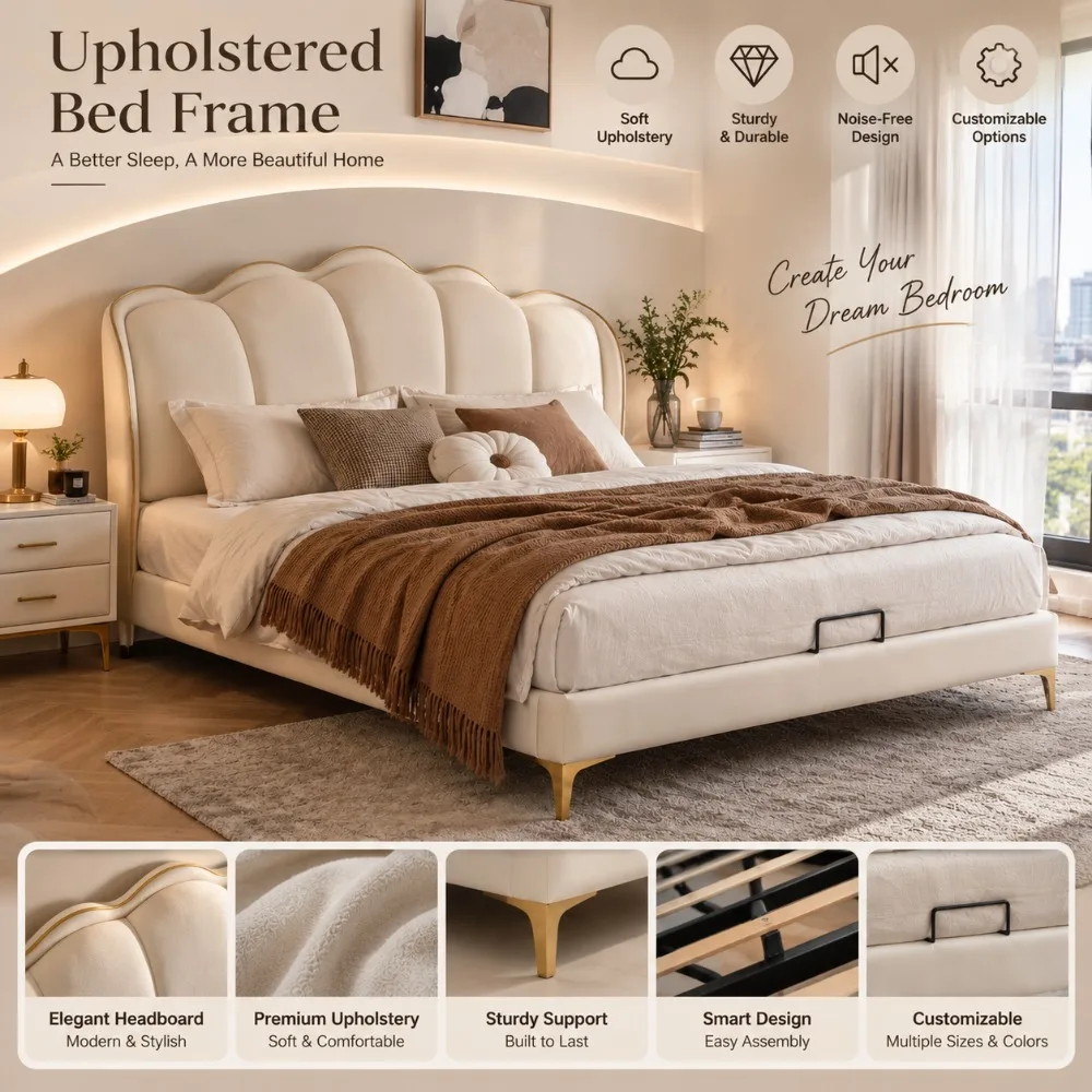 French Cream Style Solid Wood Bed Frame Luxury Modern Extra Large Double Bed And Large Storage Compartment For Daily Home Use
