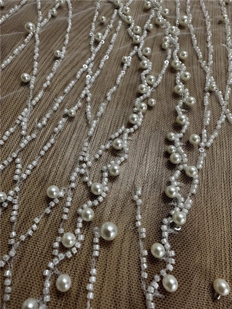 High Quality Hand Sew Pearls  Off White Unique Wedding Dress Embroidery Beaded Sequins Lace Fabric Sell By 1 Yard