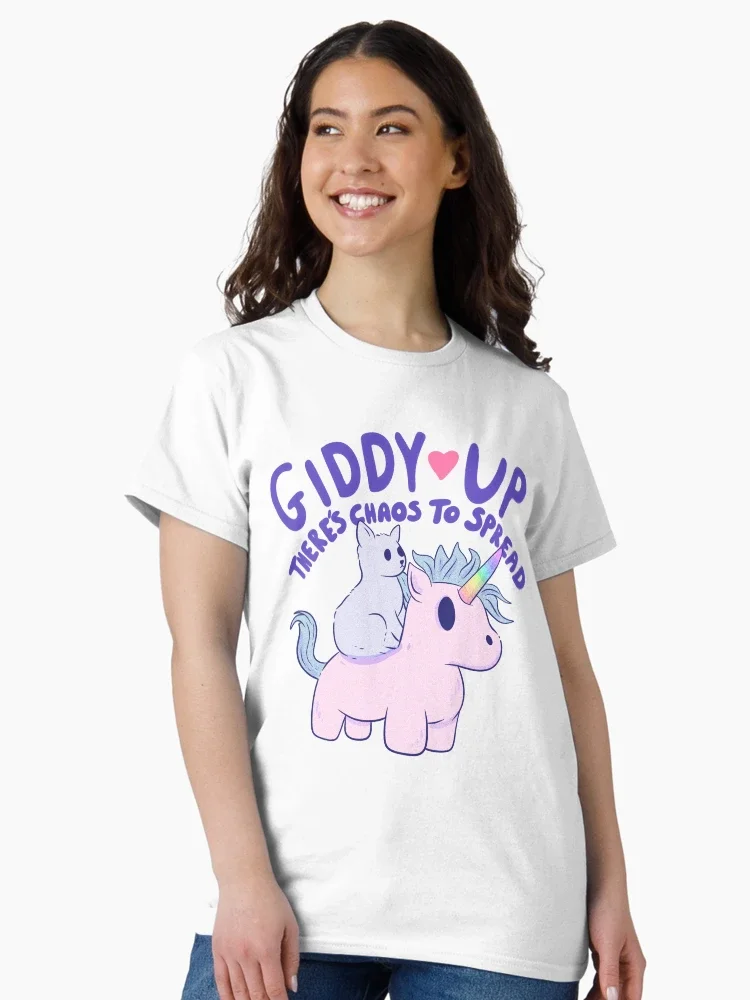 

Cute Cat Riding Unicorn Graphic Printing Summer Luxury Brand Cotton Men's and Women's T-Shirts Short Sleeves Street Fashion