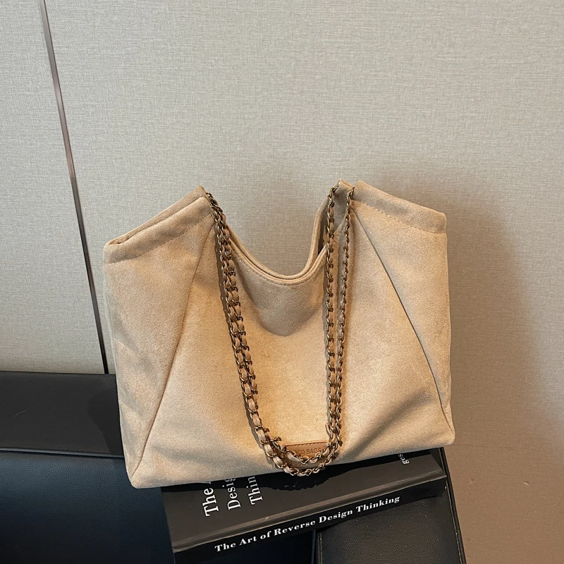 

Faux Suede Taupe Retro Tote Bags for Women Solid Color Large Capacity Commuting Versatile Casual Shoulder Bag Classic Handbag