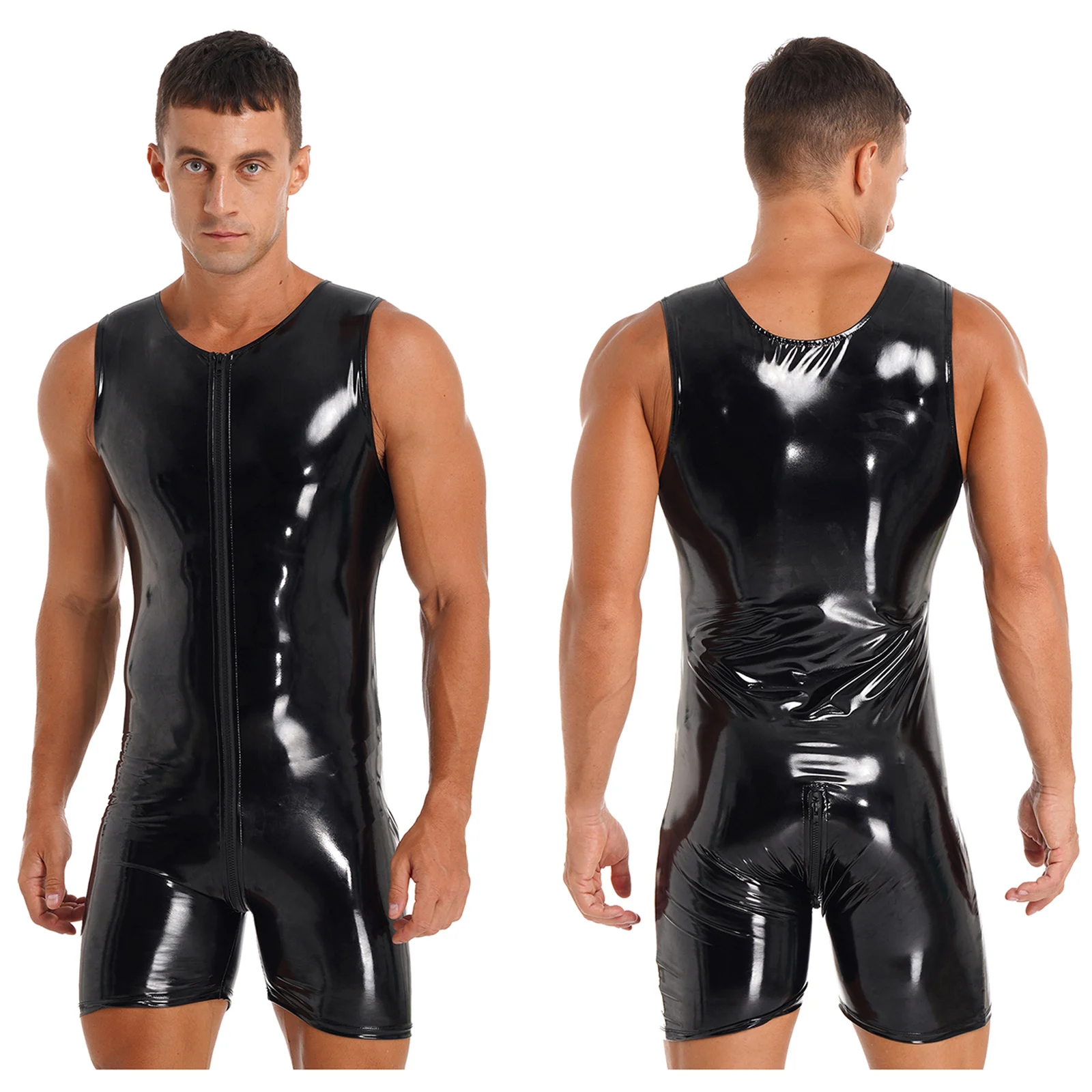 Men Sleeveless Zipper Patent Leather Bodysuit Wet Look Nightclub Pub Pole Dancing Stage Performance Jumpsuit Clubwear Nightwear