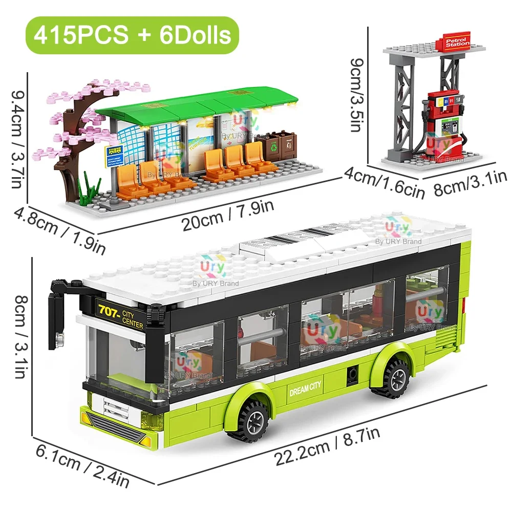 City Traffic Car Green Blue Passenger Bus Station Single-Deck Public Set Figures Model Building Blocks DIY Toys for Boys Gifts