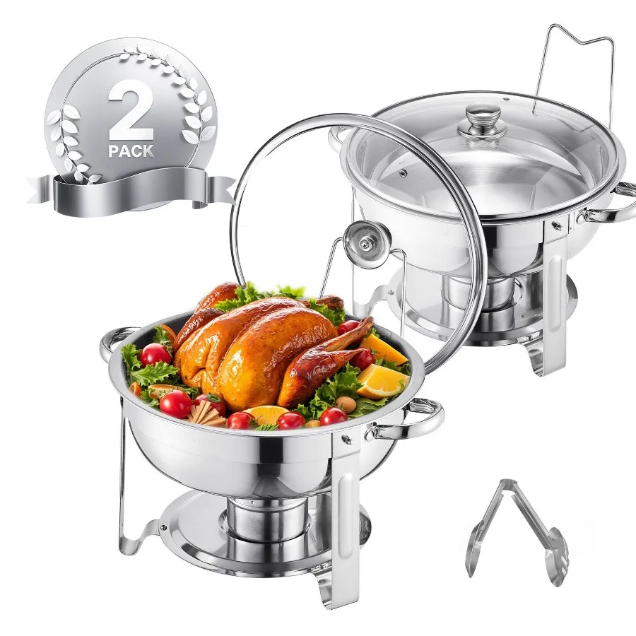

5 Qt 2 Pack Round Chafing Dish Buffet Set FullSize Pan Stainless Steel Silver