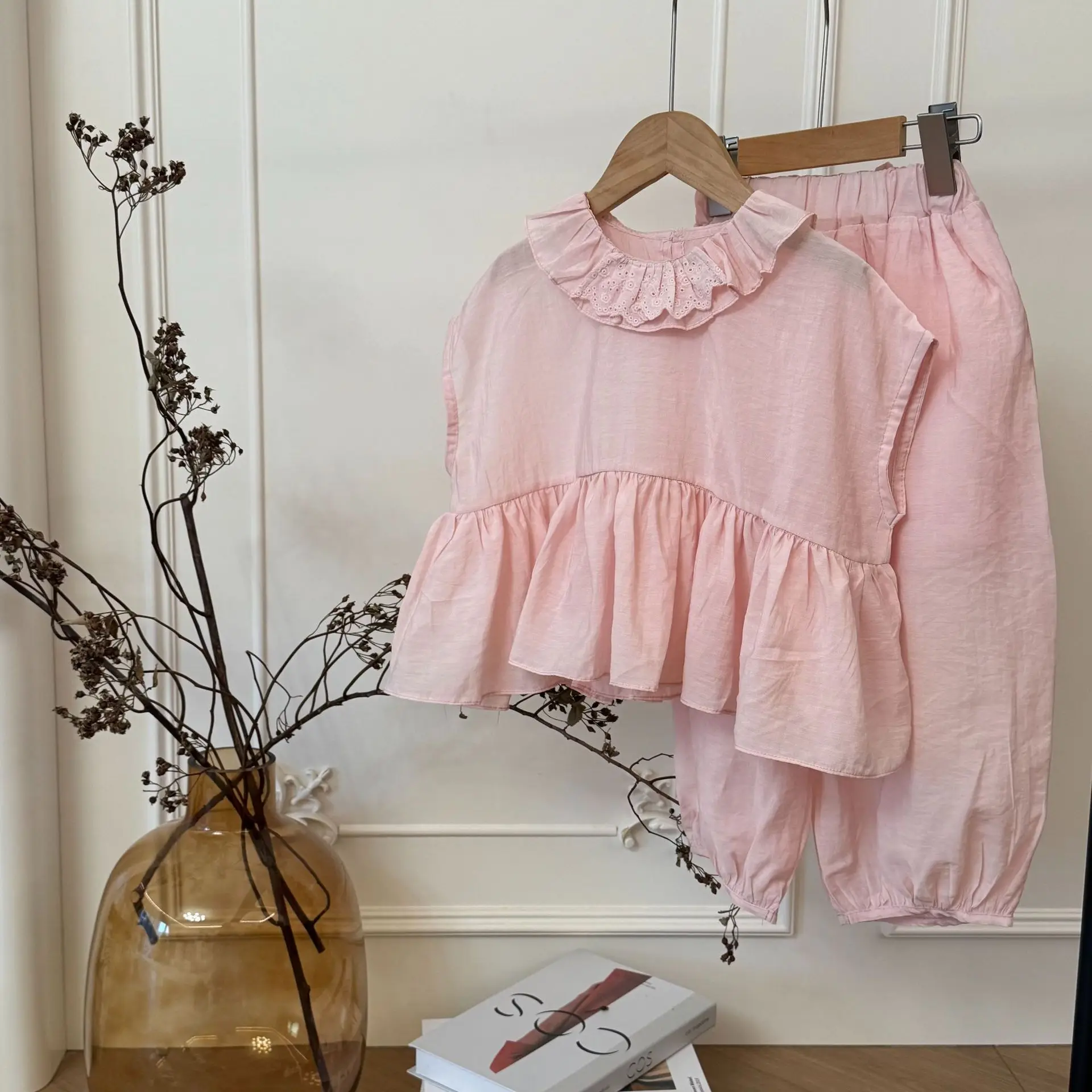 

2026 Summer New Children Clothing Korean Girls Pink Lace Collar Doll Shirt Set Children Mosquito Proof Pants Two Piece Set