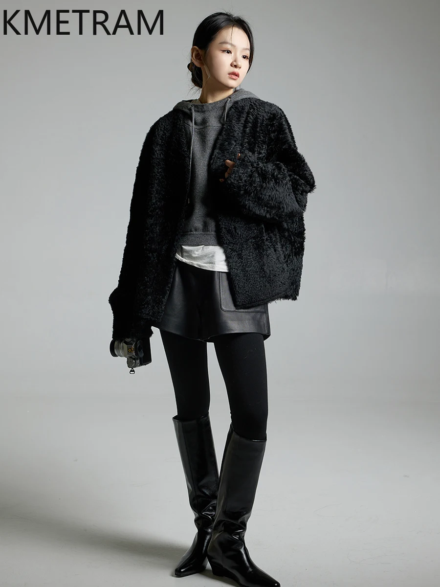 KMETRAM 100% Natural Lacon Wool Sheepskin Fur Coat Classic Black Women's Party Winter Jacket Winter Simple Clothing 2025 шуба