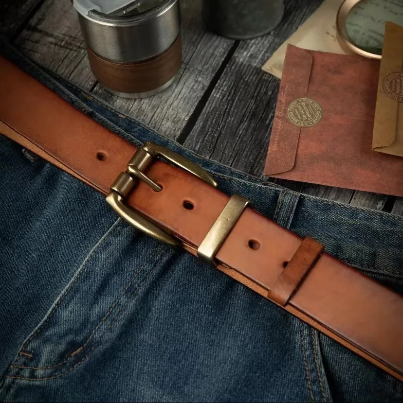 38-センチメートルメンズ本革銅バックルレトロカジュアルパンツベルトファッショナブルな多用途男性牛革ジーンズストラップベルト