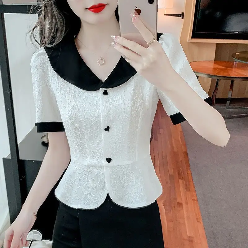 ฤดูร้อนใหม่สไตล์ฝรั่งเศสสีบล็อก Babydoll คอปกแขนสั้นเอวผูกเสื้อชีฟองสําหรับผู้หญิง