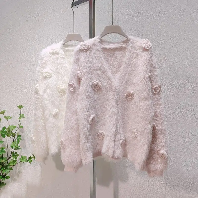 

Women Imitation Mink Fur Knitted Cardigan Spring Sutumn Flower Appliques Sweater Jacket Elegant Fashion V-neck Knitting Coat