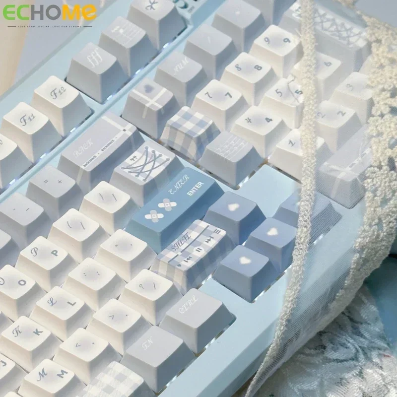 Blue Pastel Ribbon Keycap Set Custom 131key Keycaps and Customized Tri Mode Bluetooth Mechanical Keyboard Mahjong Sound Keyboard