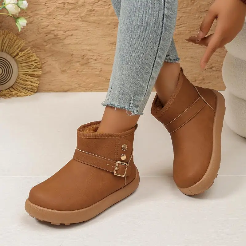 Fashion Metal Belt Buckle Women Ankle Boots Artificial Leather Soft Sole Winter Snow Boots Comfort Plush Platform Women Booties
