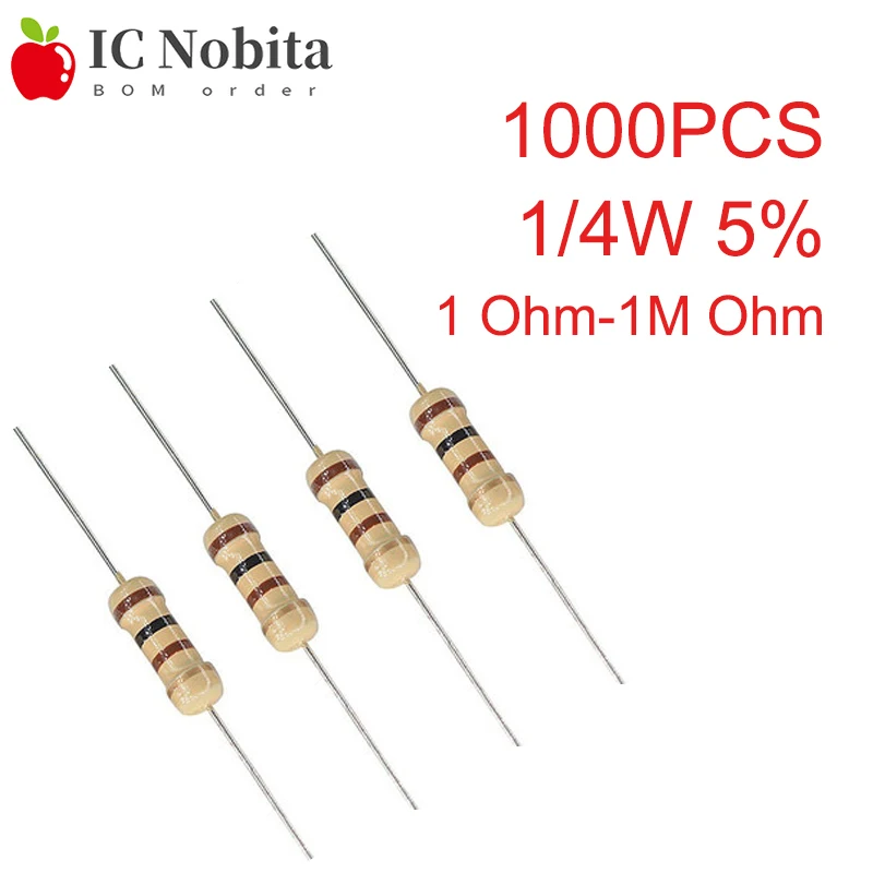 1000PCS 5% 1/4W 0.25W Carbon Film Resistors 1R~1M 0R 10R 100R 220R 330R 1K 2.2K 4.7K 10K 22K 47K 100K 220K 470K Ohm Resistance