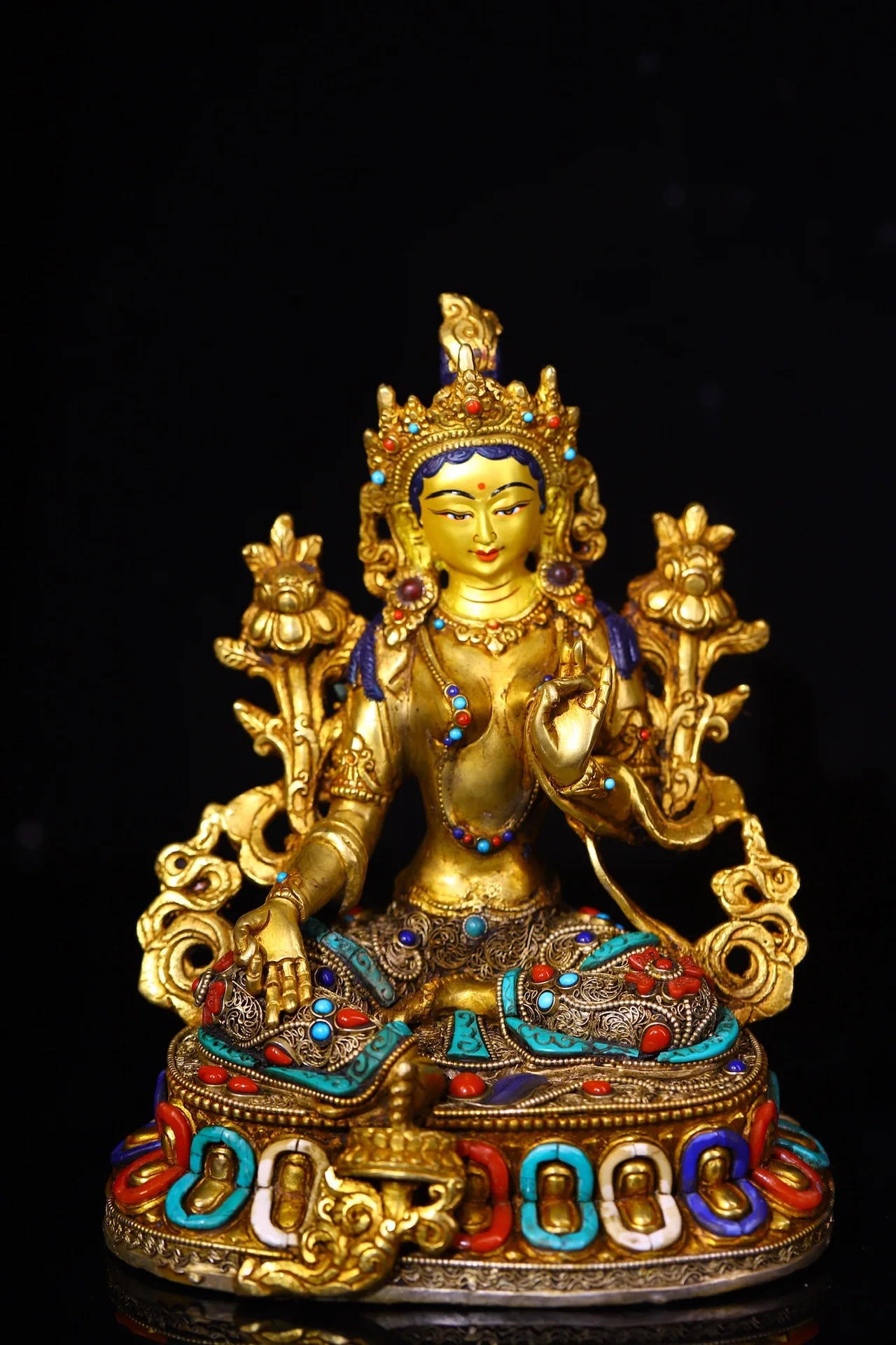 

8”Tibetan Temple Collection Old Bronze Outline in gold Mosaic Gem Turquoise Green Tara Lotus Terrace Sitting Buddha Worship Hall