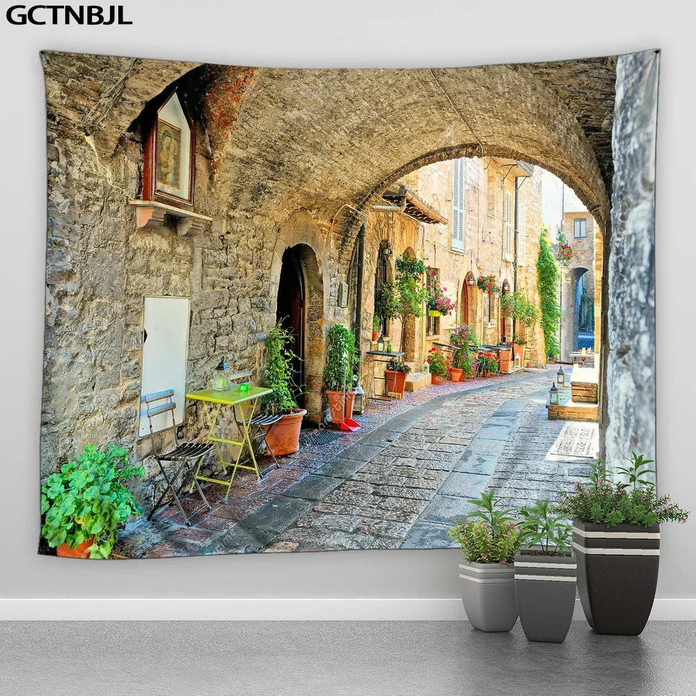 Streets of Old Mediterranean Towns Landscape Tapestry Wall Hanging Architecture For Bedroom Living Room Dorm Decor Blanket Gift