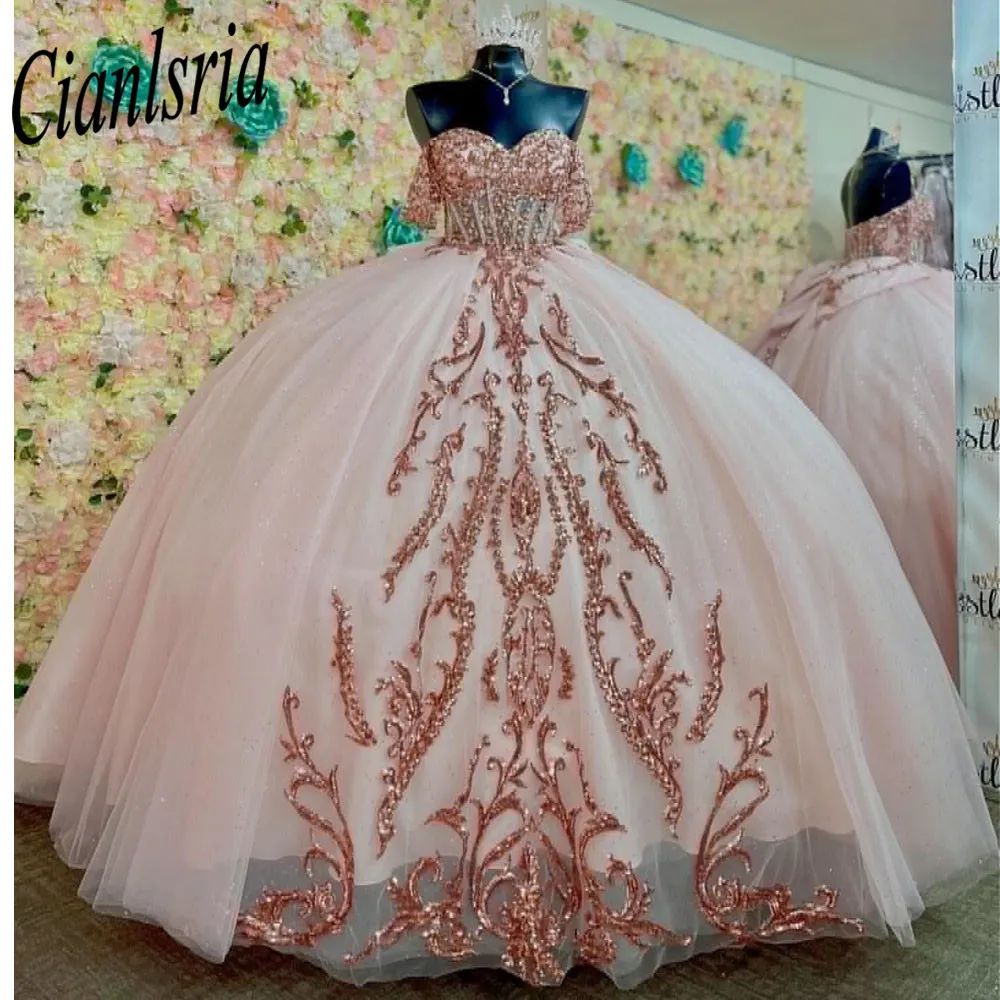 Vestido De quinceañera con lazo y hombros descubiertos, vestido De baile De ilusión, apliques De lentejuelas, abalorios, rosa, 15 Años, 2024