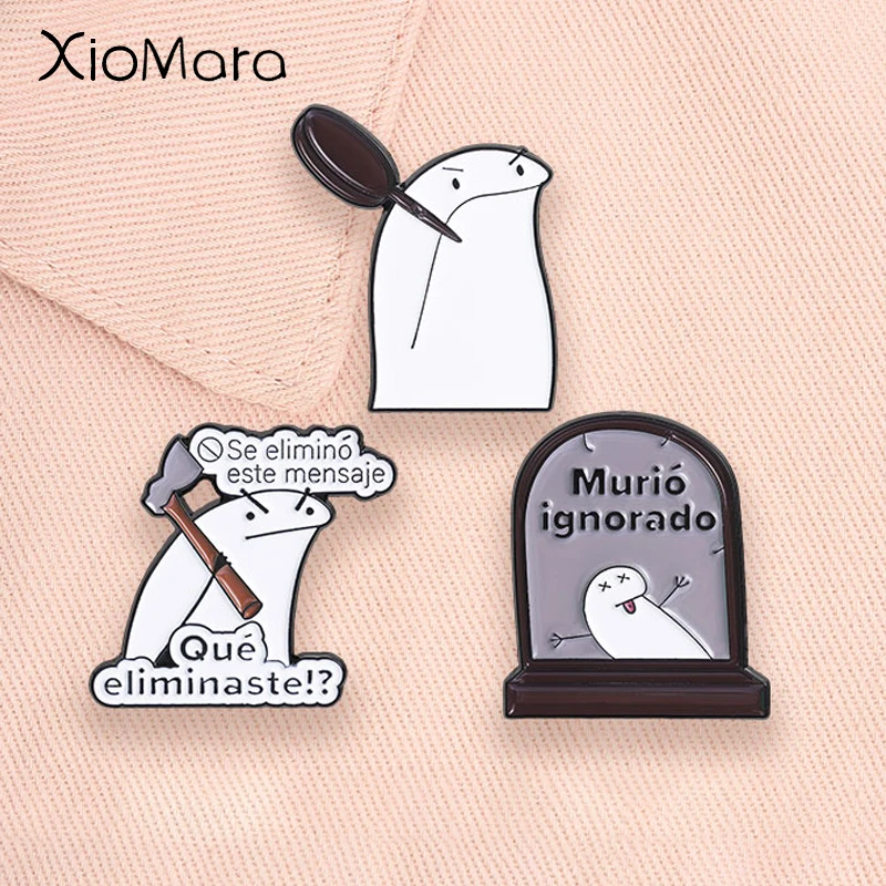 Divertidos pines de esmalte con meme de Flork, citas humorísticas en español, Murió ignorado, dibujo animado de Flork con hacha, broche de lápida, insignia de solapa, joyería, regalo.
