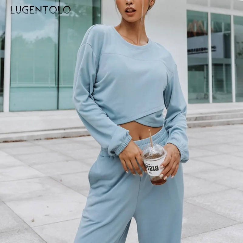 

Women Casual Two-Piece Set Fall 2024 New Asymmetrical Hem Sweatshirt Fashion Loose Wide Leg Pants Yoga High Street Outfits