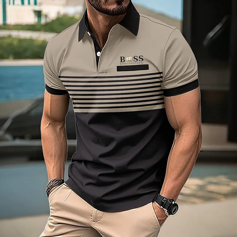 Summer men\'s short sleeved polo shirt business office 3D digital stripe lapel shirt European and American casual top plus size