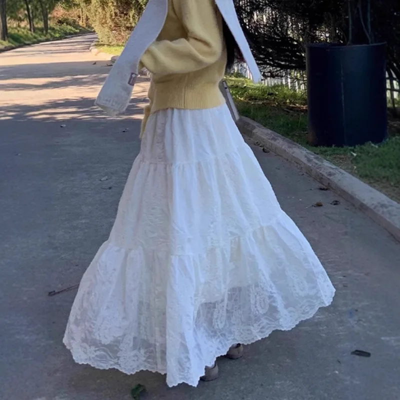 

White Lace Cake Skirt Women's Elegant Long Dress