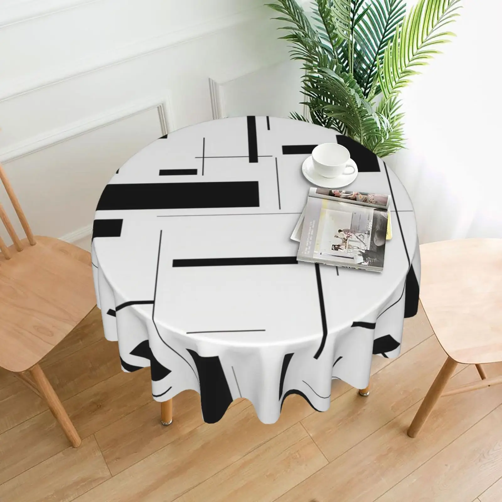 Black minimalist color block round tablecloth with diagonal texture, made of 100% polyester material