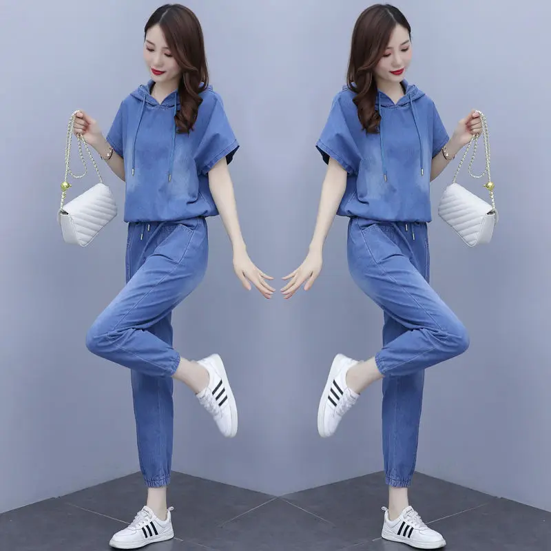 Summer Women Denim Two-Piece Suit 2024New Fashion Blast the Street Sportswear Female Casual Loose 2 Piece Set Women Outfit R2608