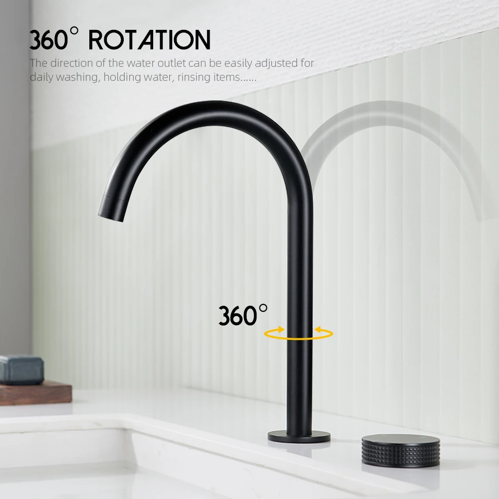 Matte Black Basin faucet  Single Knurled Knob Deck Mounted Widerspread Mixer Hot And Cold Sink Tap 2 Set Brass Restroom Mixer