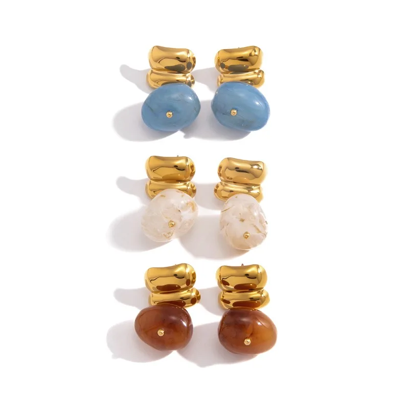 

Minar New Fashion Brown White Blue Color Irregular Resin Metallic Dangle Earrings for Women 18K Gold PVD Plated Stainless Steel