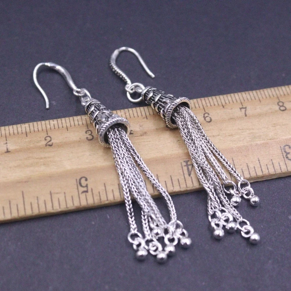 Real Solid 925 Sterling Silver Dangle Women Lucky Retro Carved Wheat Chain Tassel Earrings