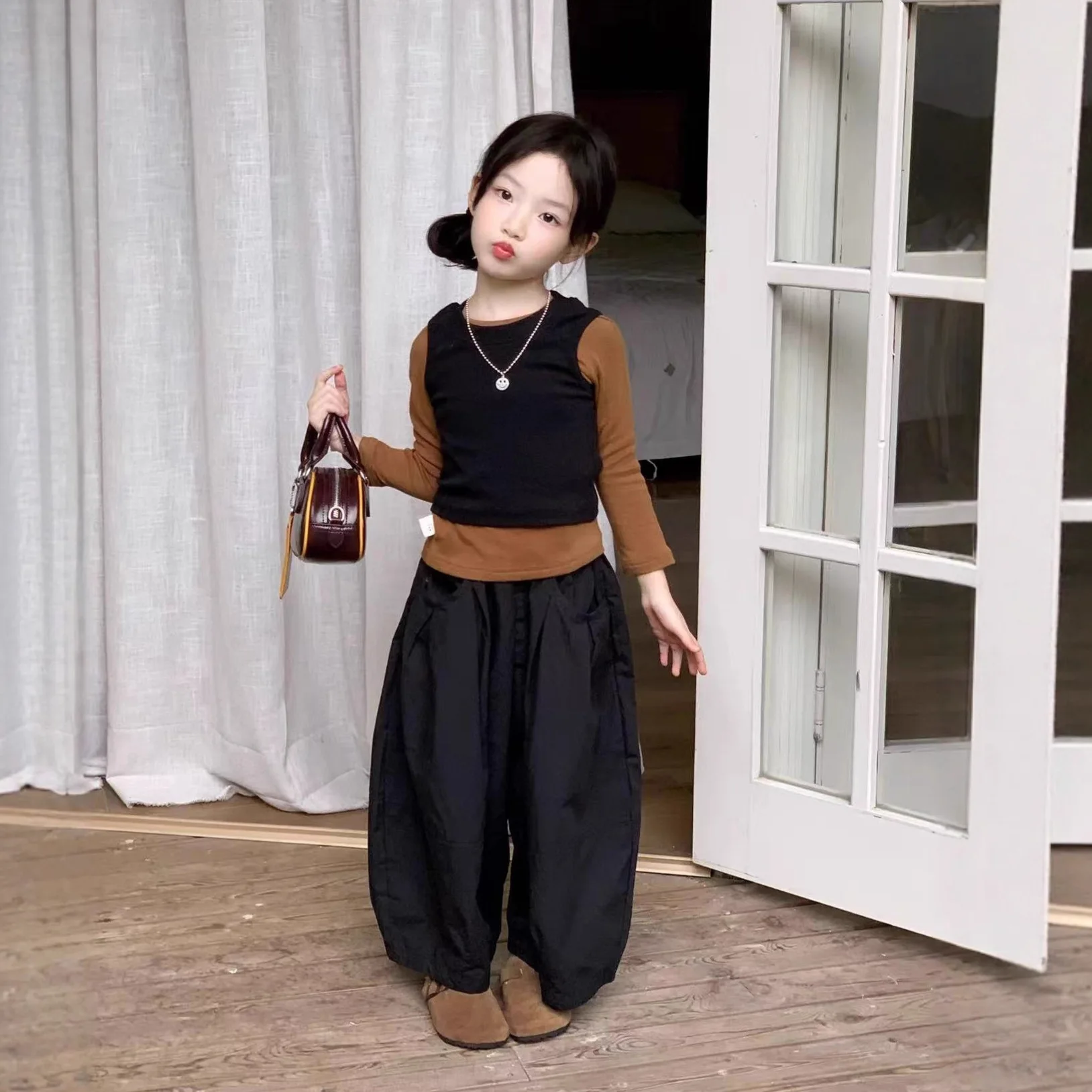 

Girls' Bottoming Shirt 2025 Autumn New Korean Solid Color Color Matching Stacked Two-piece Children's Slim-fit Long-sleeved Top