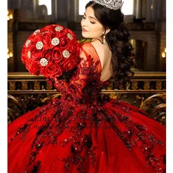 Luxury Shiny Red Quinceanera Dresses Ball Gown Long Sleeves Sequins Beaded Sparkle Mexican Sweet 16 Dresses 15 Ano