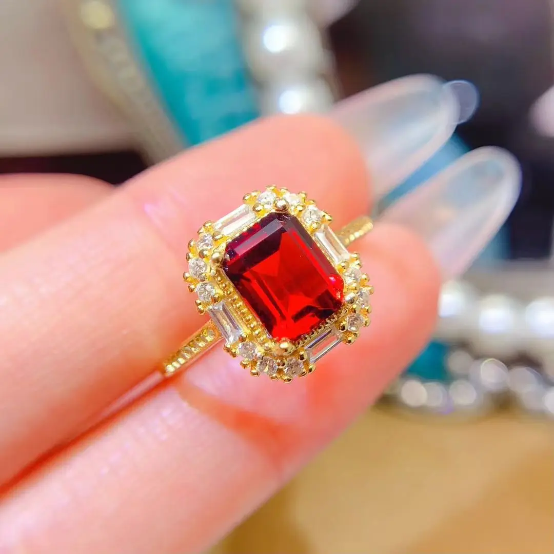 

Серебряное кольцо с драгоценным камнем изумрудной огранки, кольцо с натуральным гранатом, 6 мм * 8 мм, 1,2 карата, гранат VVS, ювелирные изделия из серебра 925 пробы