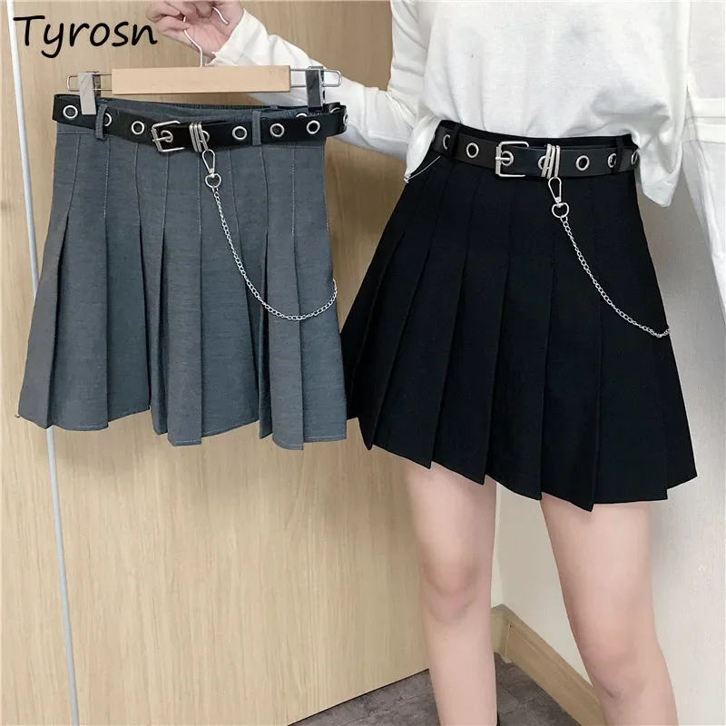 

Pleated Skirts Women Design Chain Belt Streetwear Hip Hop Harajuku All-match Fashion Empire Black Mini Skirt Students Ulzzang