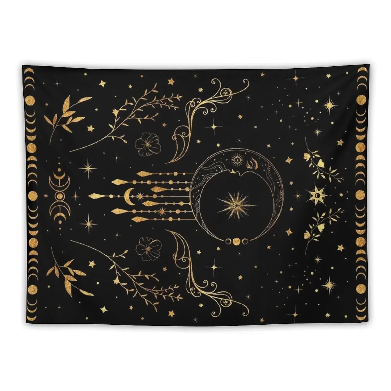 

Celestial crescent moon with floral accents and moon phase Tapestry Aesthetic Room Decor Korean Tapestry