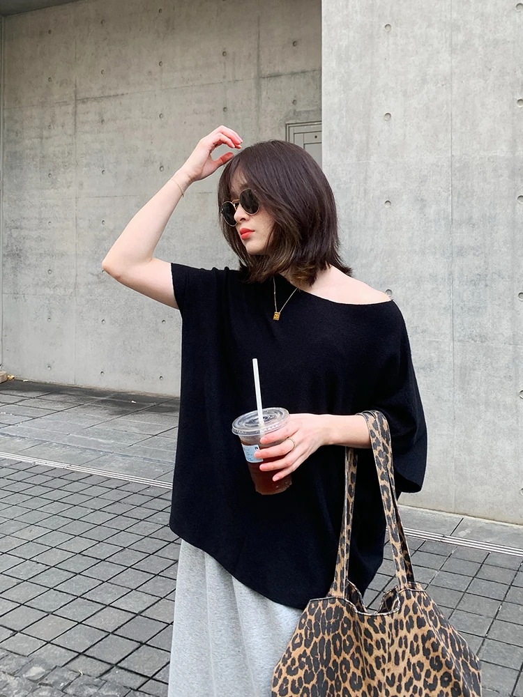 

Свободный вязаный свитер с рукавами «летучая мышь», с открытым плечом, в непринужденном стиле, повседневный, свободного кроя, из нейлоновой ткани, с рукавом «пять четвертей»