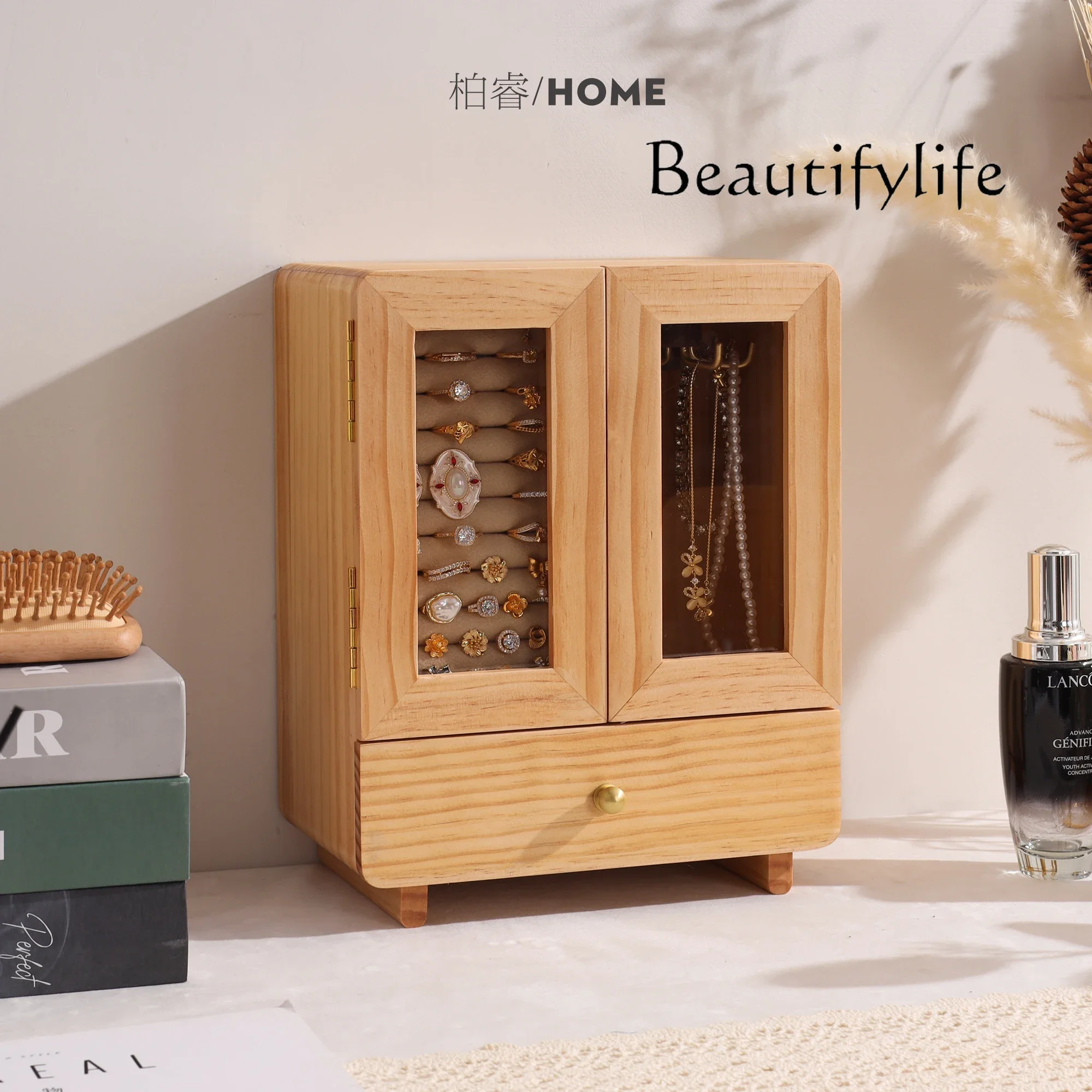 Solid wood jewelry storage box, high-end exquisite earrings, bracelets, necklaces, watch jewelry, multi-layer box.