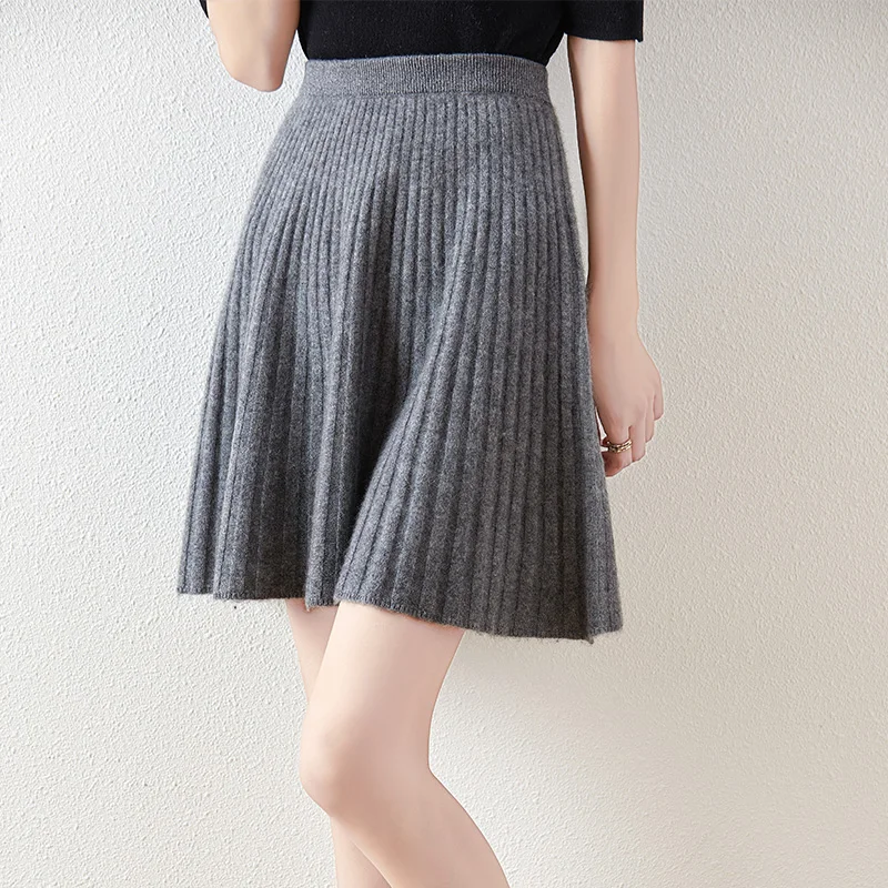 Korean Skirt 100% Merino Wool Women\'s Knitted Mini Skirt Autumn and Winter Women\'s Fashion Solid Color Small Umbrella Skirt