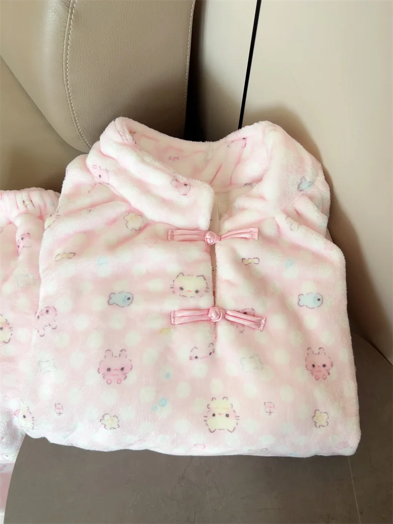 New Chinese Sle Thiened Long Sve Flannel Spwear Women's Autumn Winter Home Clothes Adorable Cartoon Little  Design