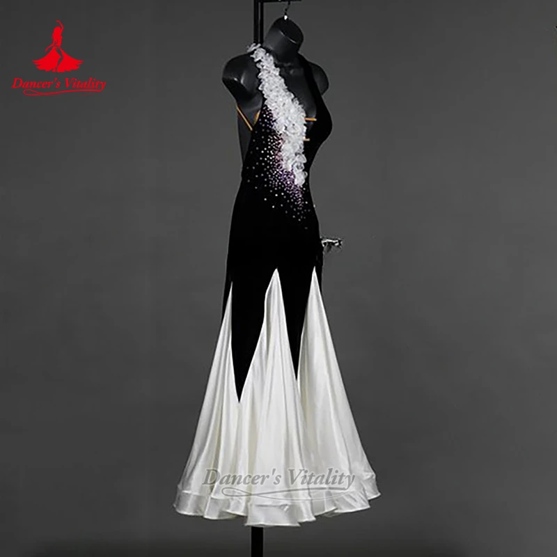 Ballroom Dance 2-tone Matching Deep-V Dresses Custom Adult&Child Waltz Tango Perform&Contest Backless Clothing Dancer's Vitality