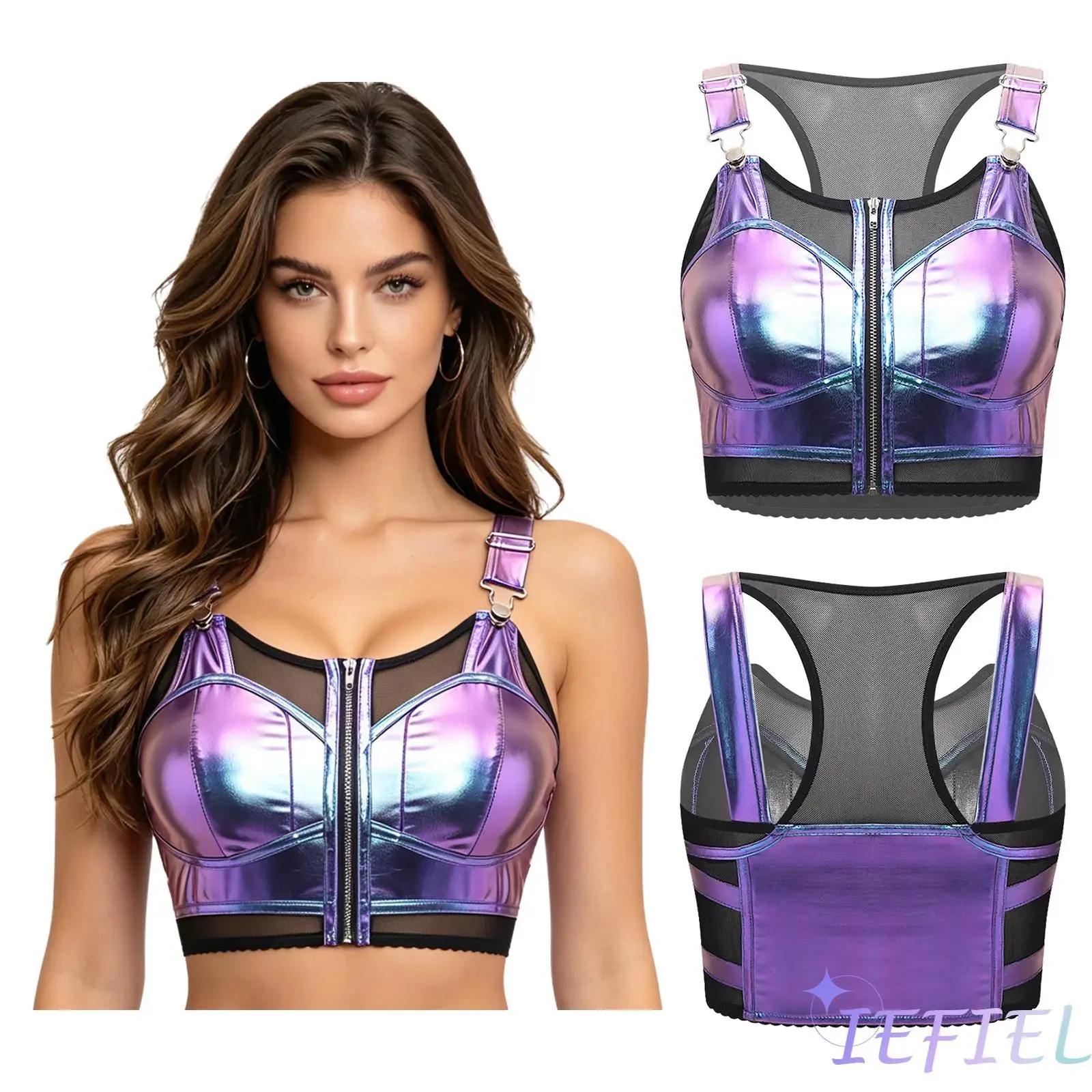 

Женский укороченный топ в стиле панк для рейвов, металлический блестящий топ с прозрачными сетчатыми вставками, регулируемые бретели, укороченный жилет, одежда для джазовых танцев