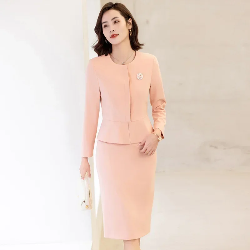 Elegant Women Pencil Skirt Suit 2023 New Korean Blue Black Orange O-Neck Formal Business Office Ladies Blazer Jacket 2 Piece Set