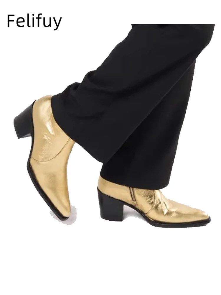 New Gold 6CM High Heel Handmade Shoes Men’s Real Leather Zipper Chelsea Men Pointed Toe Boots Slim  Party/Wedding Booties