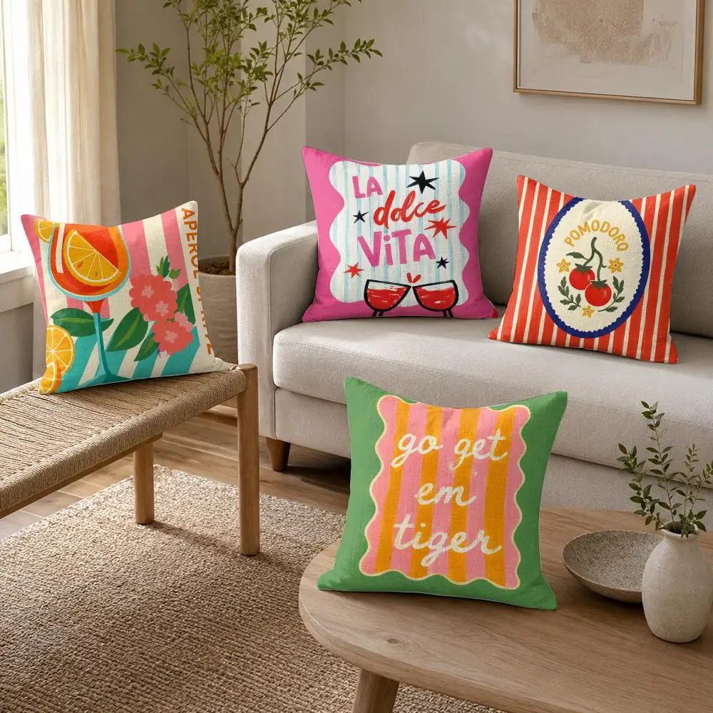 Dolce Vita Summer Cushion Cover Organic Linen Throw Pillow Cover - Double-Sided Print Breathable Cushion Case Home Decor