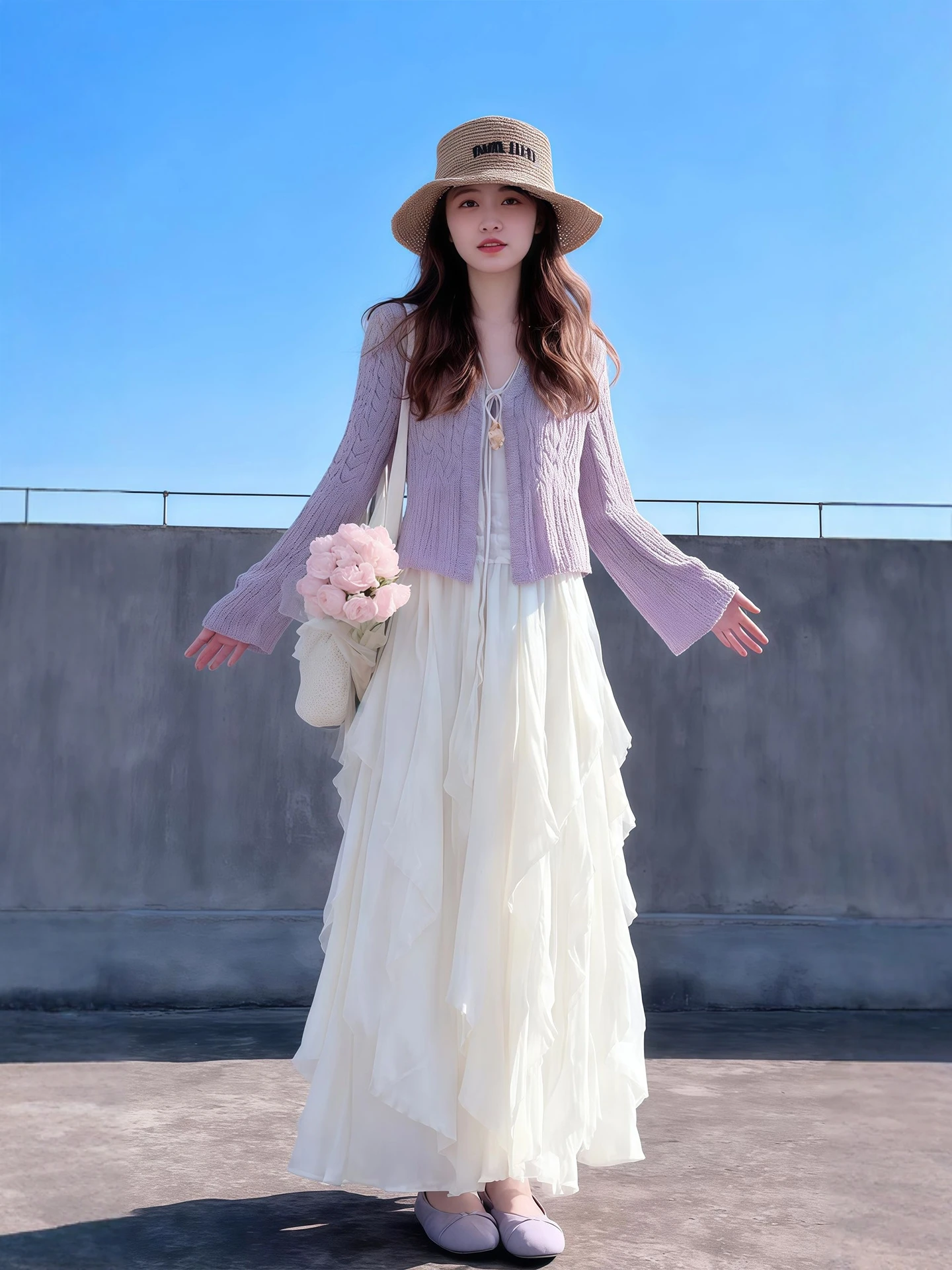 

Spring Fashion plus Size Women's Purple Knitted Cardigan Tank Top Half Skirt Three Piece Set Gentle Style Casual Wear