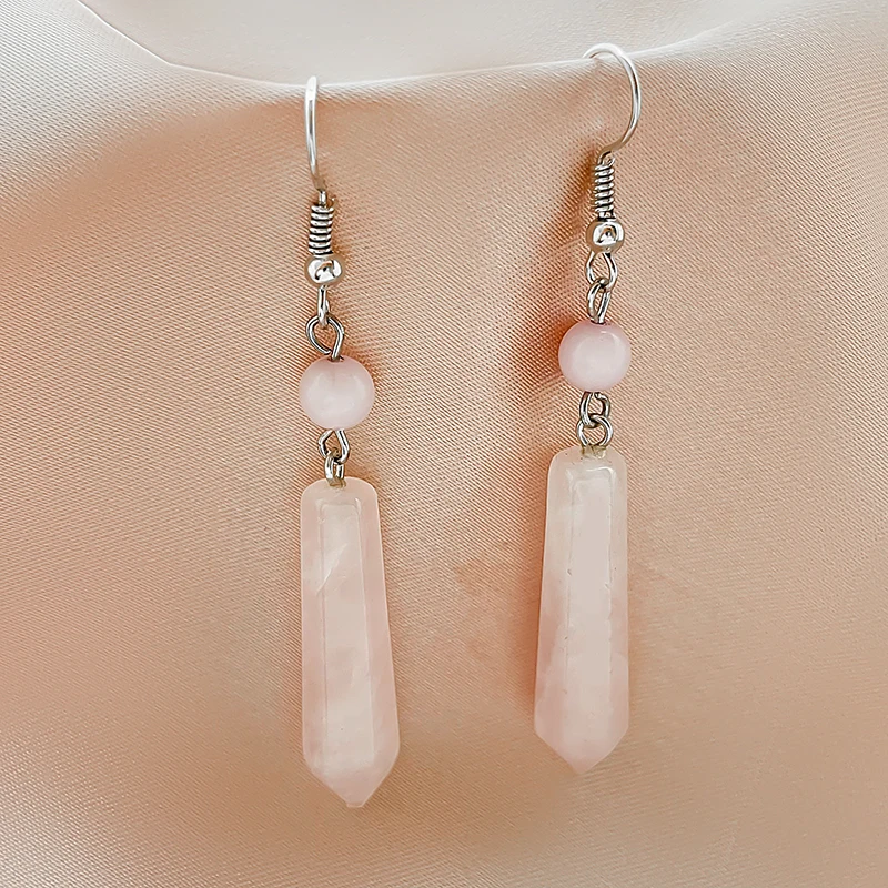 Elegant Rose Quartz Dangle Earrings For Women Handmade Stainless Steel Jewelry Pink Crystal Long Statement Earings Wedding Gift