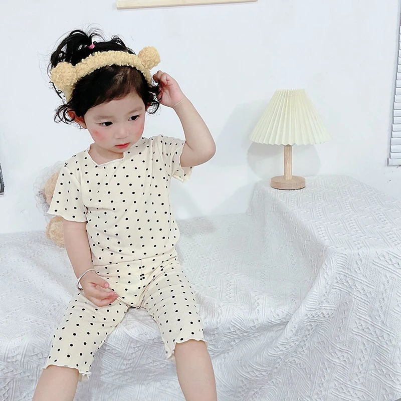 Baby Polka Dot Home Wear Summer Dirls Wear Short Sleeve Thin Suit Baby Summer Korean Version Cool Pajama Two-piece Set Clothing