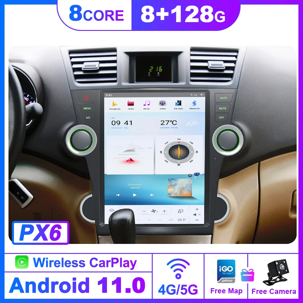 For Toyota Highlander Android Car Radio 2007 - 2013 Stereo Autoradio 2 din Multimedia ForTesla GPS Player Cassette Recorder Navi