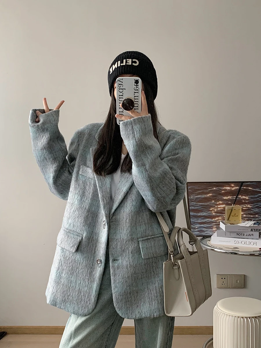 

Ruu Home Thiened Woolen Suit Jaet Women's Autumn Winter New Sle Retro Loose Plaid Coat Long Sve Commute Sle