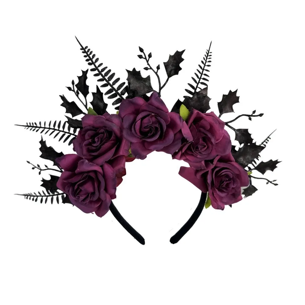 Serre-tête élégant pour Halloween, style rose, avec feuilles et fleurs artificielles, couronne vintage, pour événements et jeux de rôle