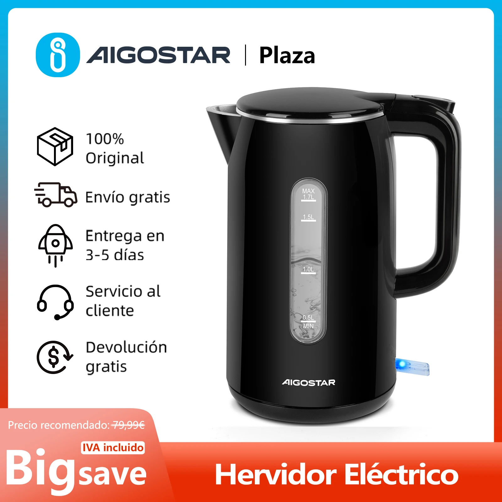 Hervidor Eléctrico de Acero Inoxidable de 1,7 L, 2200 W, Doble Aislamiento, Indicador Nivel Agua, Libre de BPA con Base 360°