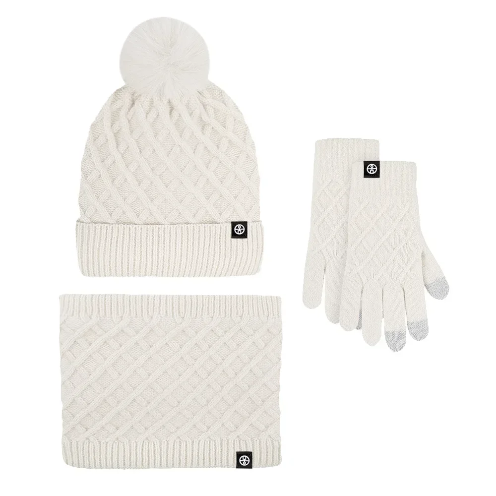 3 unids/set gorro de invierno bufanda guantes para pantalla táctil conjunto para mujer gorro forrado de lana de punto cálido conjunto gorra de bola de piel de zorro Real